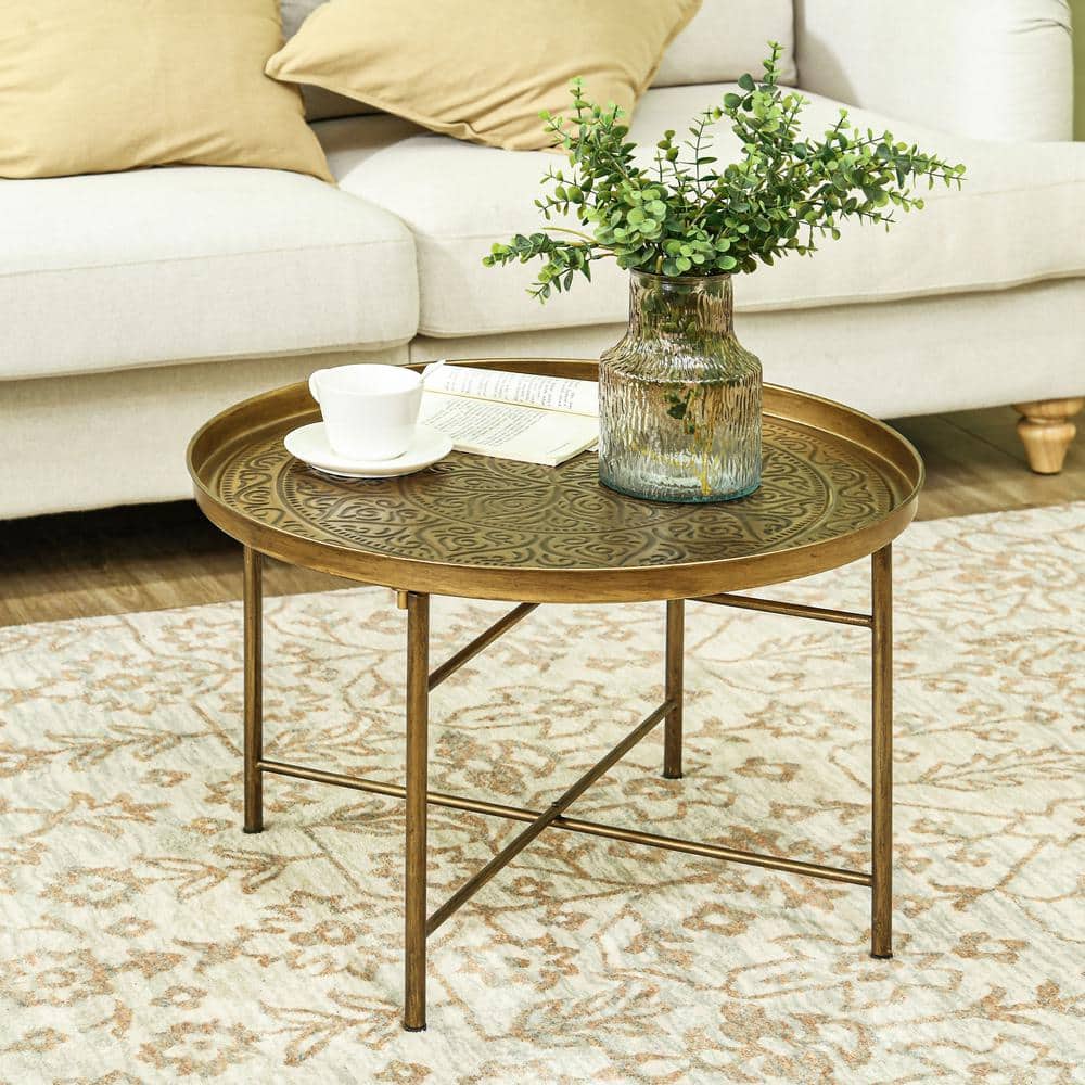 Homcom 24 Round Coffee Table with Hammered Tray Top Vintage Metal Center Table for Living Room Bedroom Side Table Gold