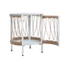 Three-quarter view of the side table showing the structure and lower glass shelf.