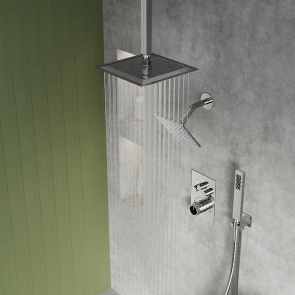 YAWWALK Thermostatic 7-Spray Square Dual Shower Head Shower System with High Pressure in Rose Gold (Valve Included)