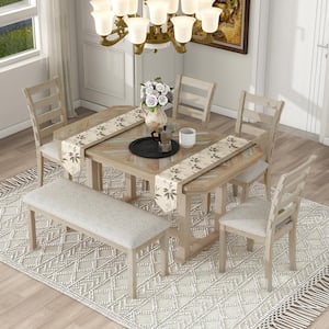 6-Piece Natural Beautiful Wood Grain Rubber Wood Dining Table Set with 4 Chairs and 1 Bench