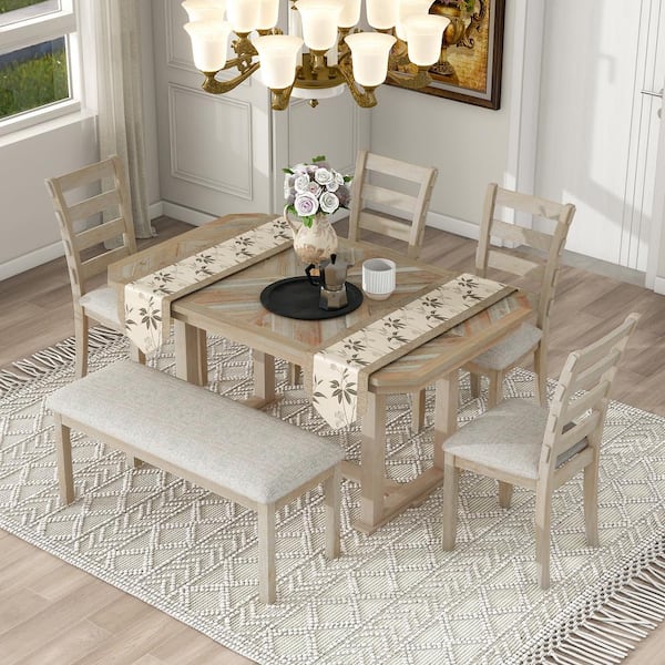 Harper & Bright Designs 6-Piece Natural Beautiful Wood Grain Rubber Wood Dining Table Set with 4 Chairs and 1 Bench