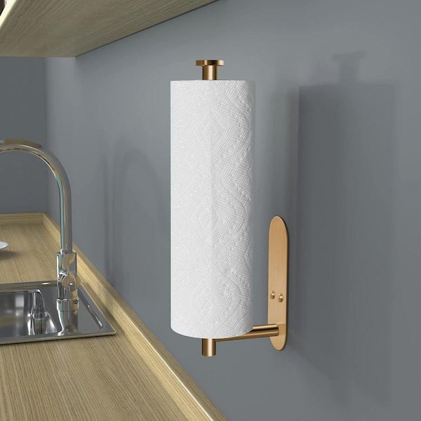 Under Cabinet Wall Mount Gold Paper Towel Holder Stainless Steel Adhesive Dual Installation for Kitchen Rolls