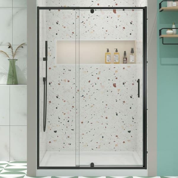 38 in. to 42 in. W x 71 in. H Framed Pivot Shower Door in Black with Clear Glass