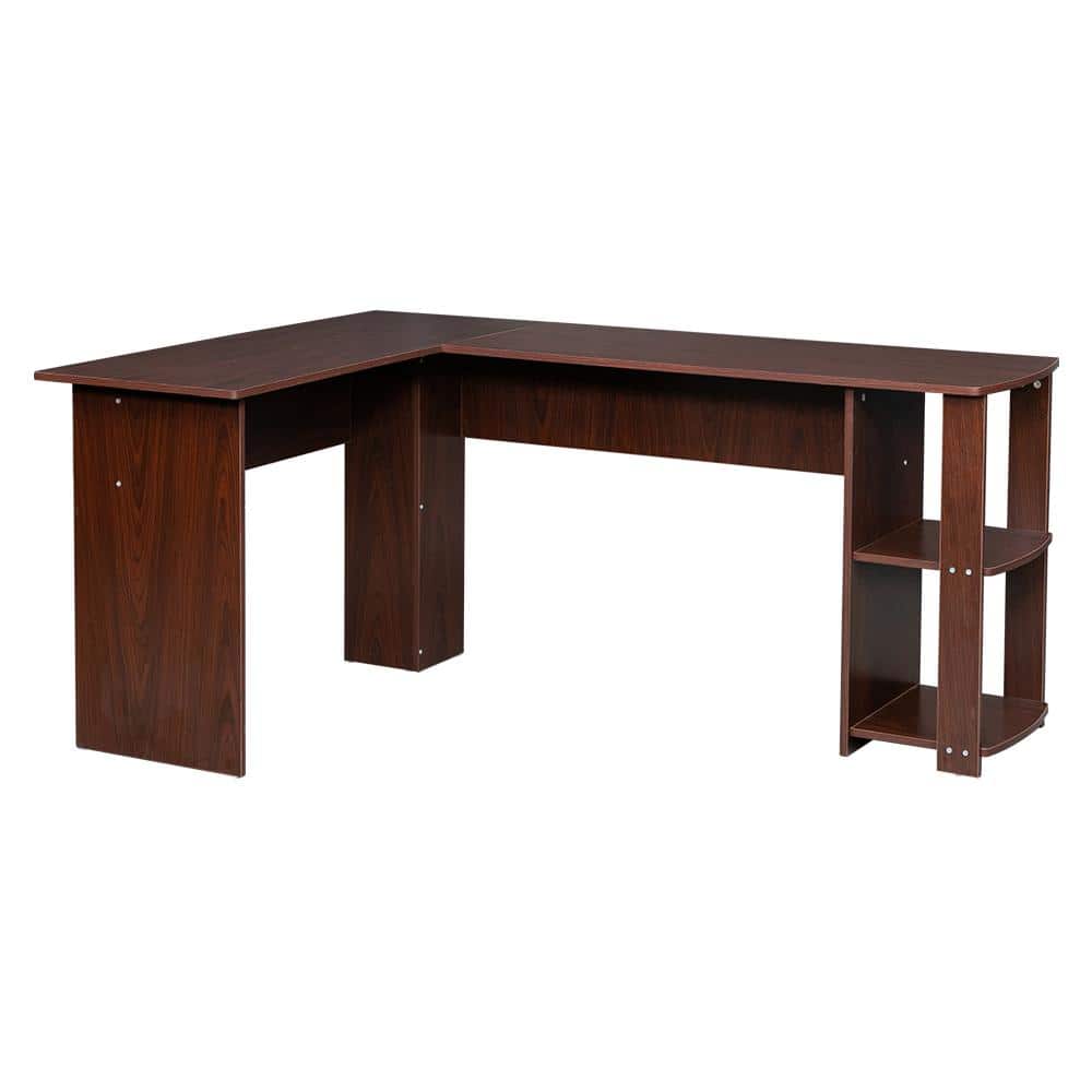 Outopee 66 in. W LShaped Brown Computer Desk with 2Layer Bookshelves 931123567500 The Home Depot