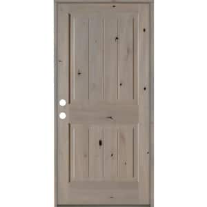 36 in. x 80 in. Rustic Knotty Alder Square Top V-Grooved Right-Hand/Inswing Grey Stain Wood Prehung Front Door