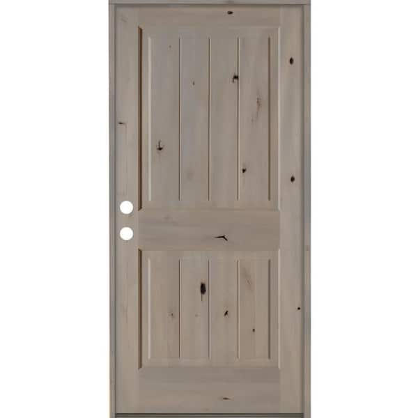 Krosswood Doors 42 in. x 80 in. Rustic Knotty Alder Square Top V-Grooved Right-Hand/Inswing Grey Stain Wood Prehung Front Door
