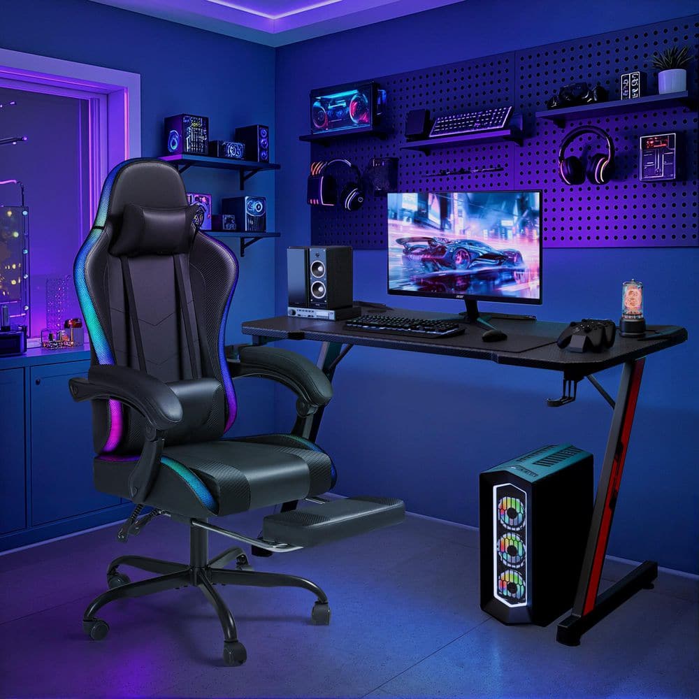 RGB Ergonomic Faux Leather Height Adjustable Reclining Gaming Chair in Black with Footrest and Massage Lumbar Support