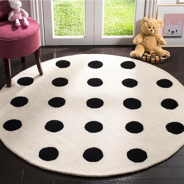 Kids Ivory/Black 5 ft. x 5 ft. Round Polka Dot Geometric Area Rug