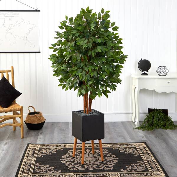 Nearly Natural 5.5 ft. Super Deluxe Artificial Ficus Tree in Black Planter with Stand