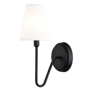 Briar 5 in. 1 Light Matte Black Traditional Wall Sconce White Linen Shade