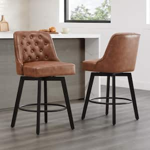 Percival 26 in. Brown Leather Counter Height Swivel Barstools with Back for Kitchen and Dining Room (Set of 2)