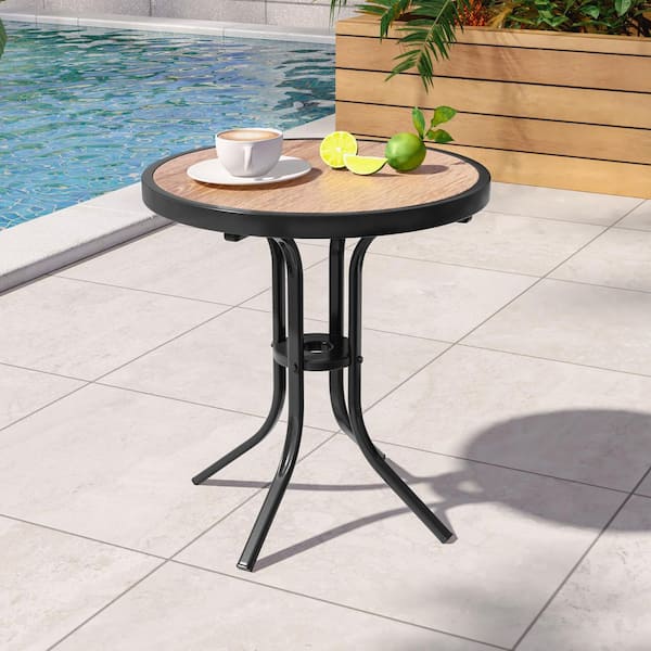 Round Metal Outdoor Side Table with Wood-grain and Powder-coated Steel Frame