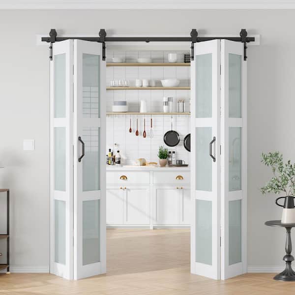 72 in. x 84 in. 3/4 Lite Frosted Glass Solid Core MDF White PVC Bi-fold Door with Hardware