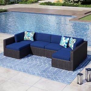 Dark Brown Rattan Wicker 6 Seat 6-Piece Steel Outdoor Patio Sectional Set with Blue Cushions