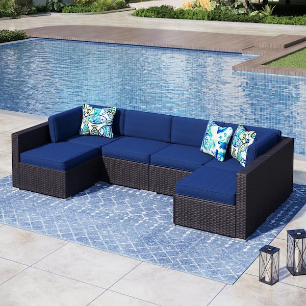 PHI VILLA Dark Brown Rattan Wicker 6 Seat 6-Piece Steel Outdoor Patio Sectional Set with Blue Cushions