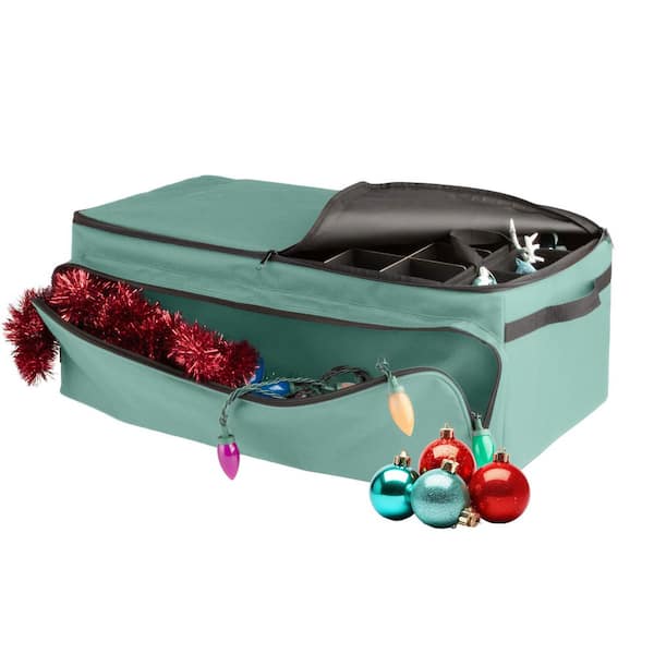 72 Ornament Christmas Storage Box with 3 Trays Green, Fabric Adjustable Grids, and Large Front Zipper Pocket