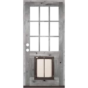 36 in. x 80 in. Right-Hand 9 Lite Clear Glass Grey Stained Wood Prehung Door with Large Dog Door