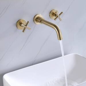 2-Handle Wall Mount Bathroom Faucet with Cross Handles in Brushed Gold