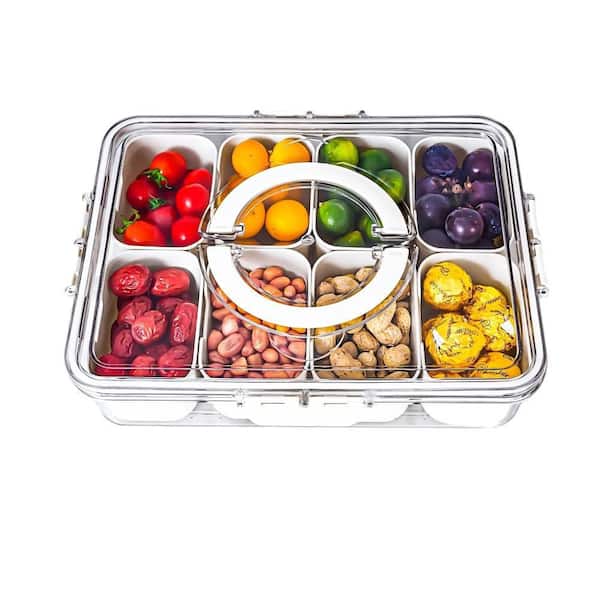 11 in. 8.45 fl. oz. White Plastic Divided Snack Container Serving Bowls, with Lid Handle Portable Holiday Food Storage