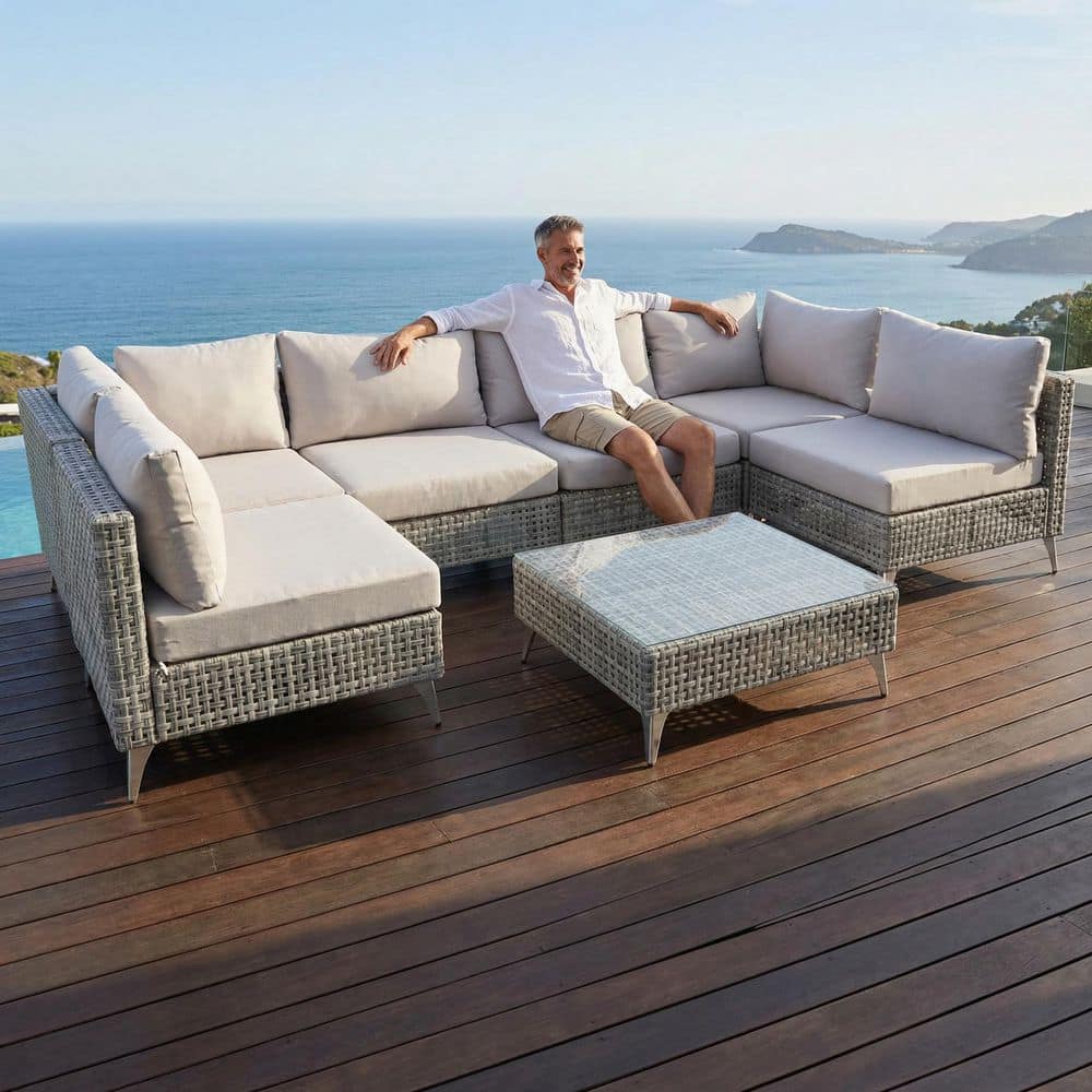 Gray 7-Piece Wicker Outdoor Sectional Sofa Set with Water Resistant Gray Cushions and Coffee Table price history on PriceWatchPro