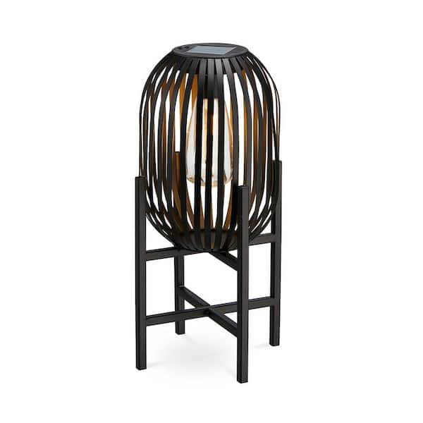 Glitzhome 14.25 in. H Slim-shaped Black Metal Stripes Solar Powered Edison Bulb Slim Outdoor Lantern with Stand
