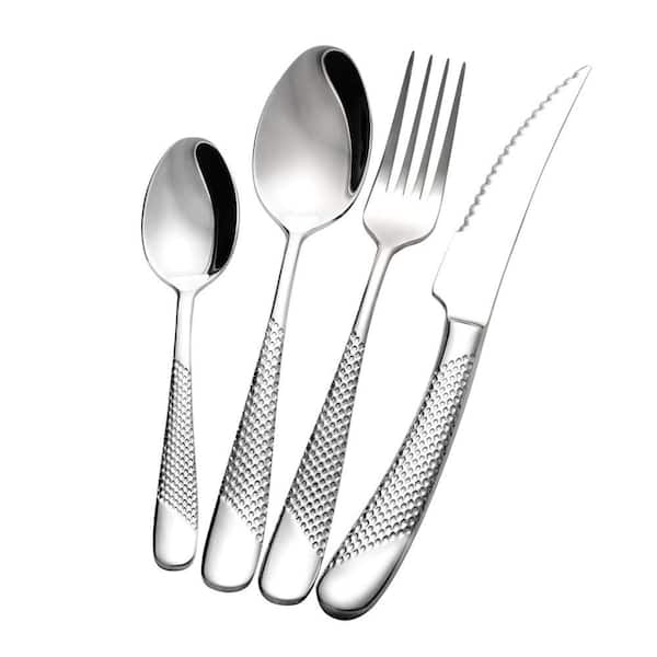 16-Piece Silver Hammered 18/10 Stainless Steel Silverware Flatware Set, Ultra Sharp Serrated Knives, Service for 4