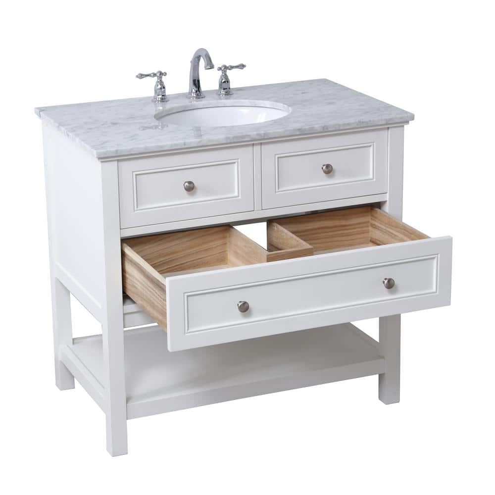 36" White Poplar Wood Bathroom Vanity with Marble Top