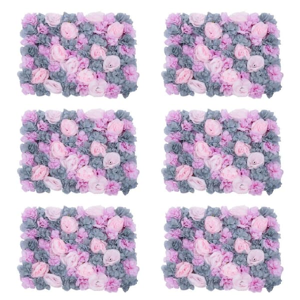 YIYIBYUS 23 .6 in. x 15.7 in. Gray and Pink Artificial Floral Wall Panel Rose Dahlia Wedding Centerpieces (6-pieces)