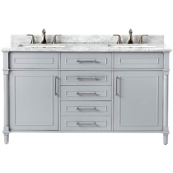 Home Decorators Collection Aberdeen 60 in. W x 22 in. D Double Bath Vanity in Dove Grey with Natural Marble Vanity Top in White