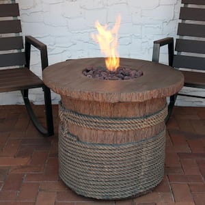 29 in. Round Fiberglass Rope and Barrel Propane Gas Fire Pit Table with Lava Rocks
