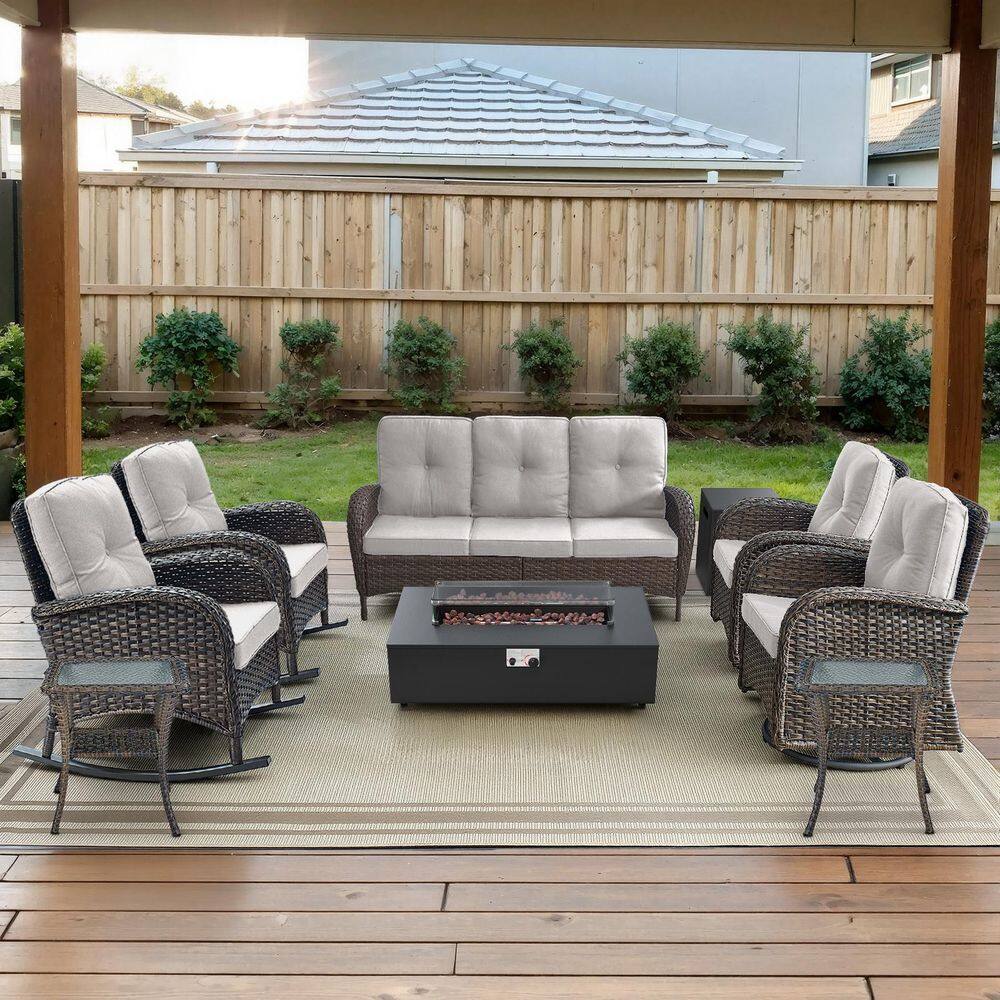 Brown 10-Piece Wicker Patio Fire Pit Set, Outdoor Sofa Seating Set with Olefin Beige Cushions price history on PriceWatchPro