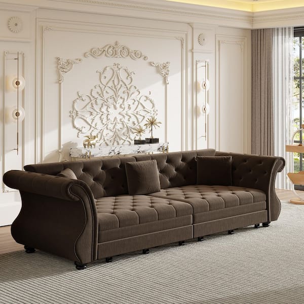 Sharon 97.6 in. Brown Velvet Upholstery King Size Sofa Bed with Pull-Out Bed, Flower Tufting