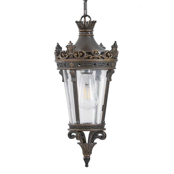 17.7 in. 1-Light Bronze Aluminum Antique Crown Outdoor Pendant Light with Clear Glass and No Bulbs Included