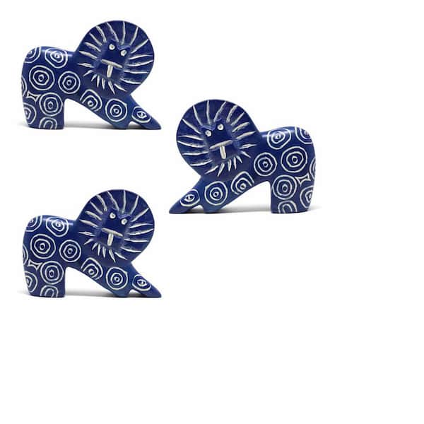 Global Crafts Small Soapstone Lion Figurine - Set of 3, Dark Blue
