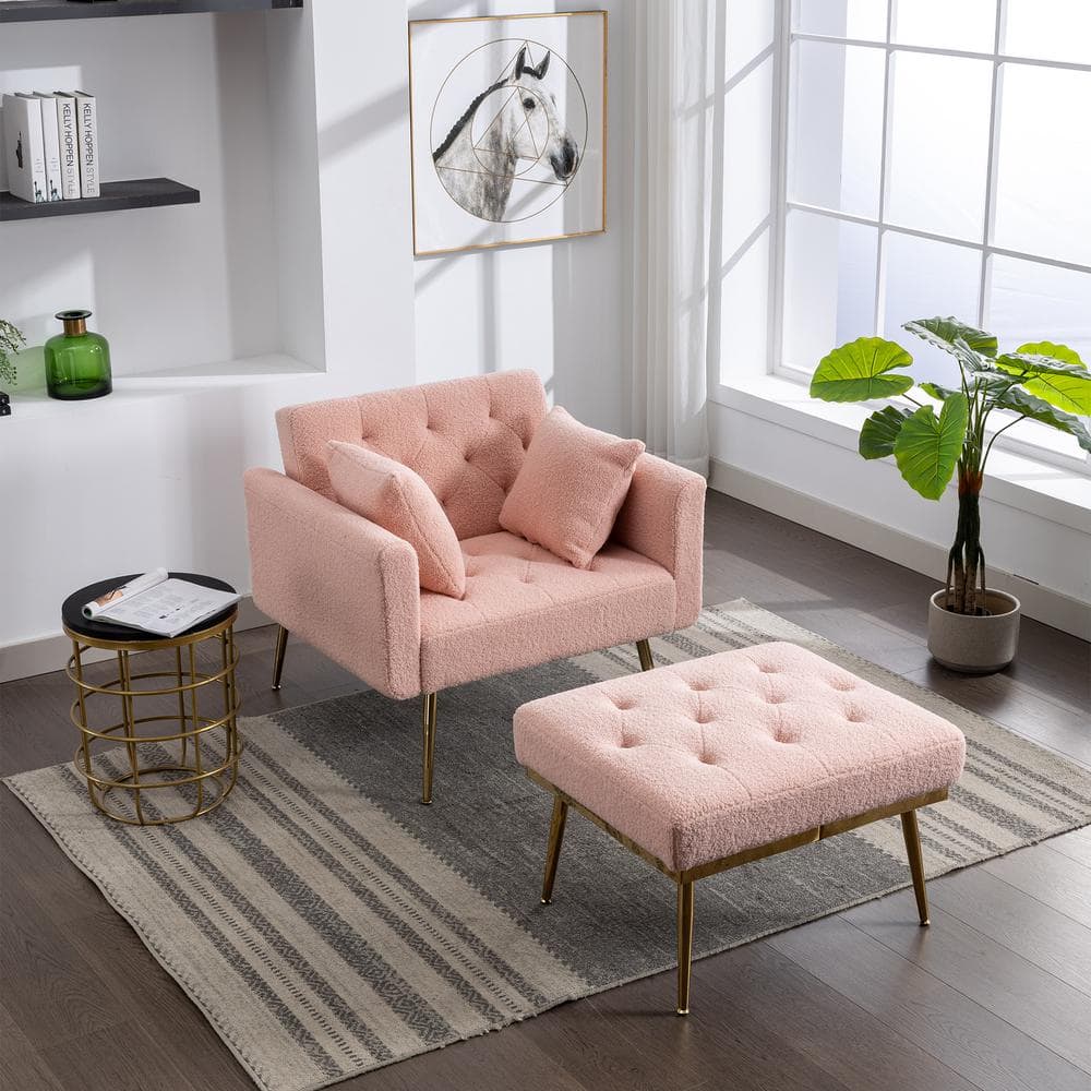 Pink Sherpa Upholstered Accent Chair with 3-Positions Adjustable Backrest, Modern Arm Chair and Ottoman Set