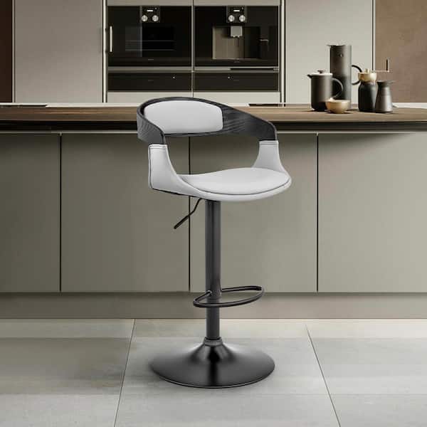 Armen Living Benson 24-32 in. Adjustable Height High Back Grey Faux Leather and Black Wood Bar Stool with Black Base