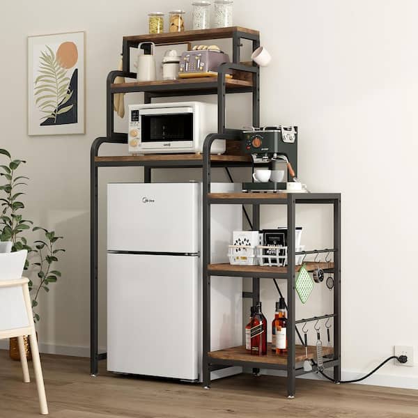 7-Tier Brown Wood Plant Stand,Mini Fridge & Microwave Stand with 2 AC/2 USB Outlets-Bakers Rack(41.7 in. W x 61.1 in. H)
