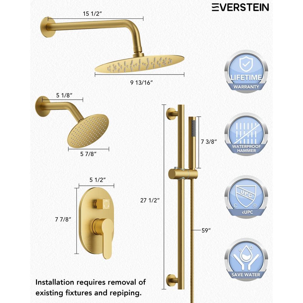 Brushed Gold Dual Head Stainless Steel Shower System with Handheld