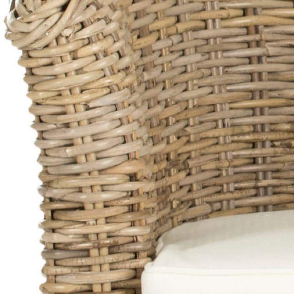Natural Unfinished Rattan Barrel Accent Chair with White Cushion