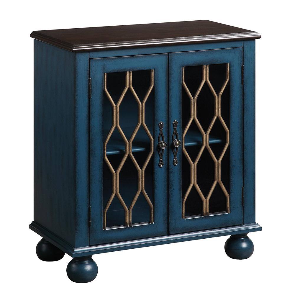Antique Blue Wooden Console Table with Glass Accents and Storage