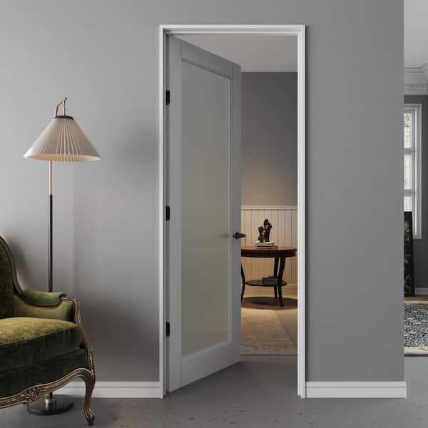 32 in. x 80 in. 1-Lite Frosted Glass Right White Solid Core Wood Single Prehung Interior Door with Quick Assemble Jamb