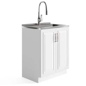 Darwin Contemporary 28 in. Deluxe Laundry Cabinet with Pull-out Faucet and Stainless Steel Sink in Pure White