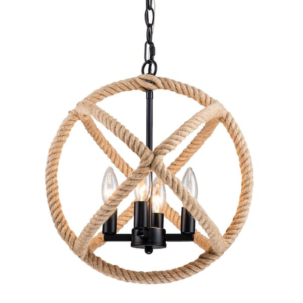C Cattleya 4 Light Black Candle Style, Rope Wrapped Orb Chandelier