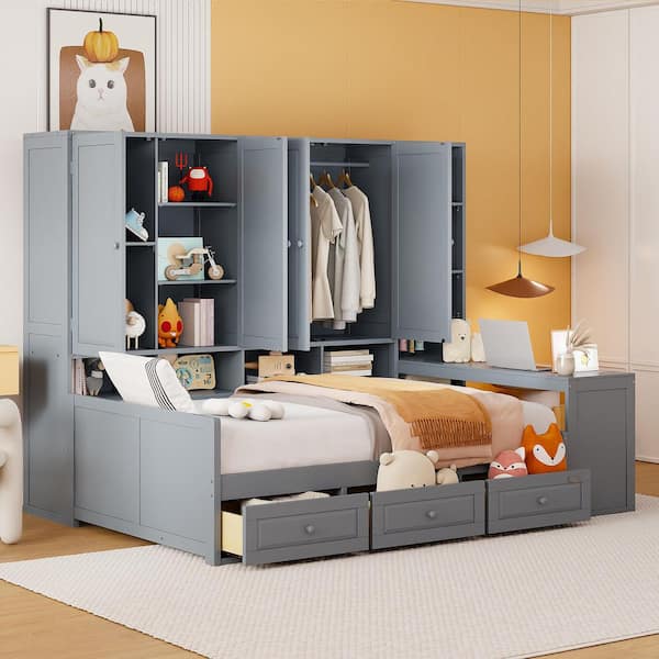 Gray Full Size Wooden Daybed with Desk, 3 Drawers, Shelves and All-in-One Cabinet