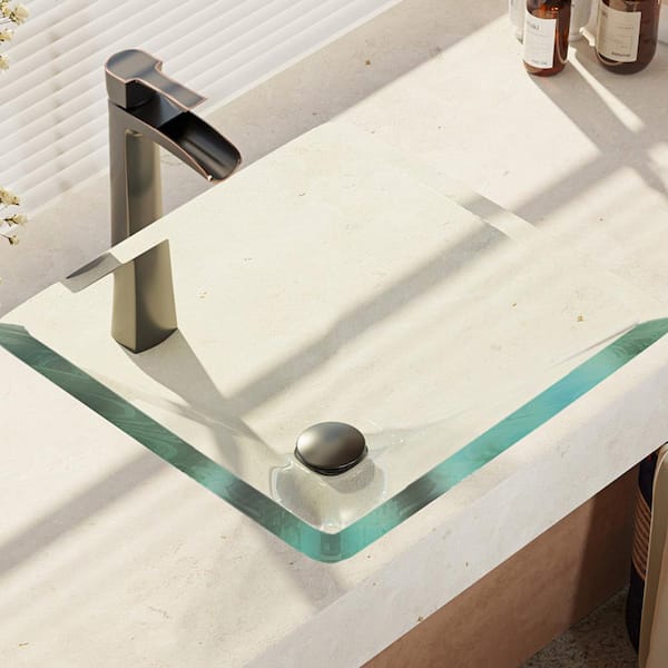 Rene Glass Vessel Sink in Crystal with R9-7007 Faucet and Pop-Up Drain in Antique Bronze