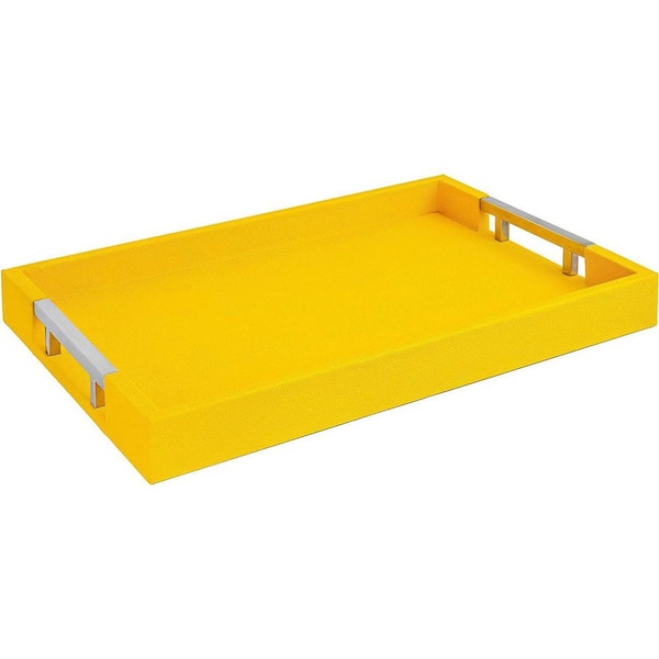 Yellow/Silver Rectangular Faux Leather Decorative Serving Tray with Handles