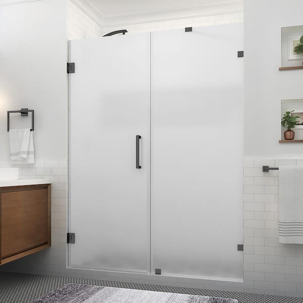 Aston Nautis XL 63.25 to 64.25 in. W x 80 in. H Hinged Frameless Shower Door in Matte Black with Ultra-Bright Frosted Glass