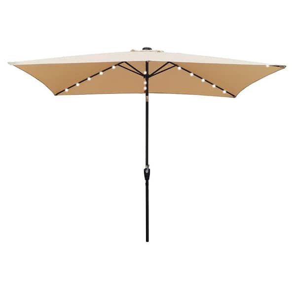 Unbranded 10 x 6.5 ft. Solar LED Lighted Market Patio Umbrella with Crank and Push Button Tilt for Garden Backyard Pool in Tan