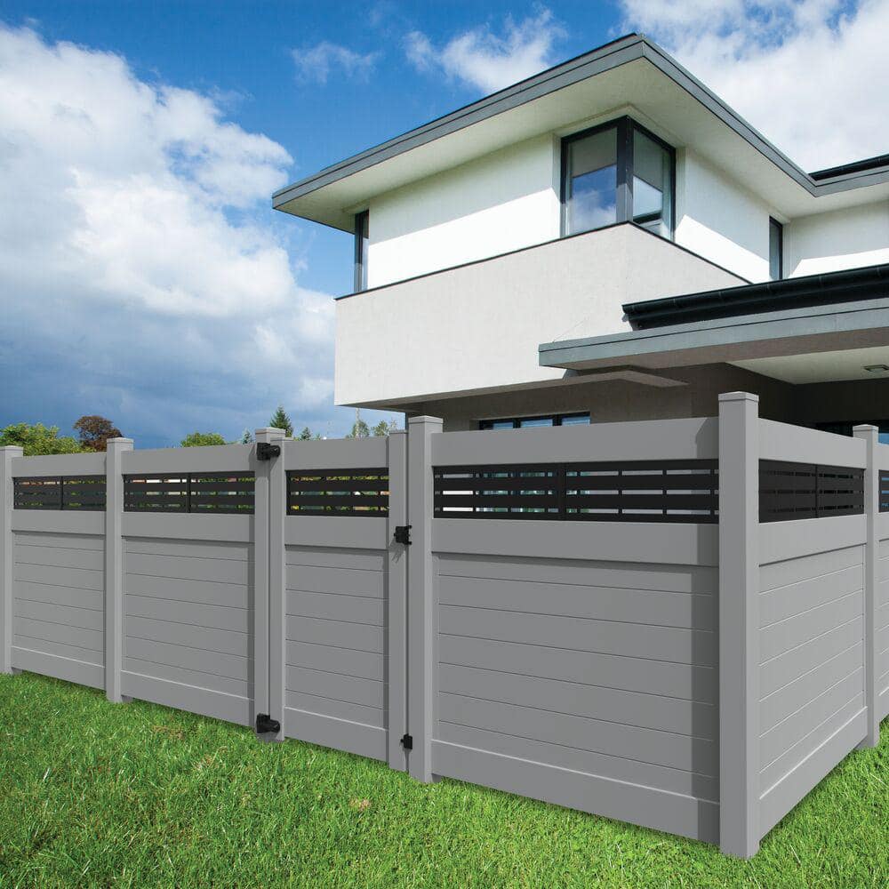 Gray Vinyl Horizontal Privacy Fence Gate with Decorative Screen Panel, 6-ft x 4-ft