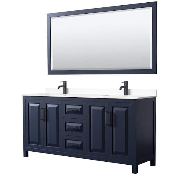 Wyndham Collection Daria 72 in. W x 22 in. D x 35.75 in. H Double Bath Vanity in Dark Blue with White Cultured Marble Top and 70 in. Mirror